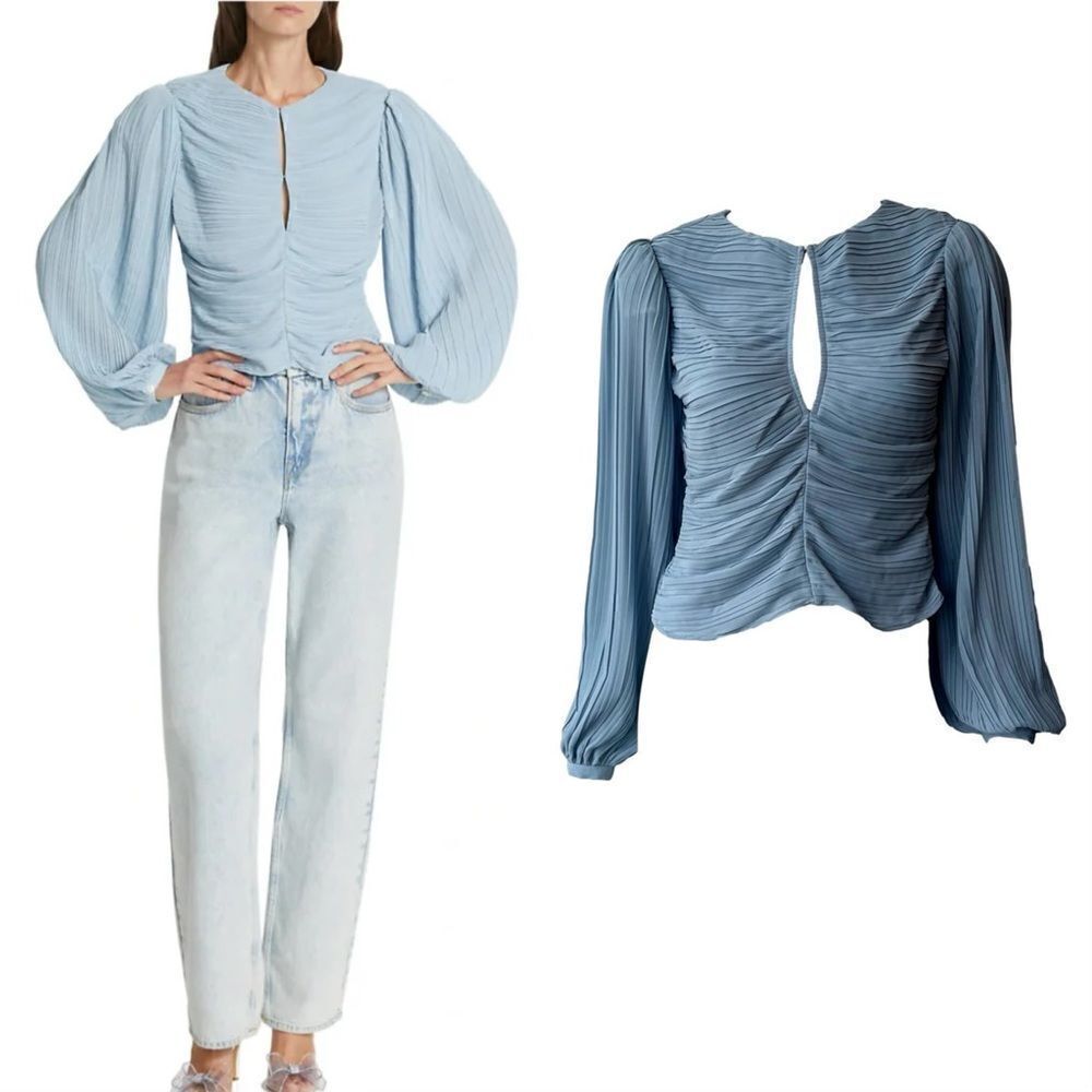 NWT Frame Pleated Billow Sleeve Blue Top Blouse Chambray Size XS
